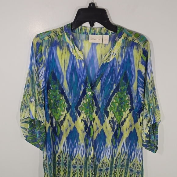 {Chico's} Multicolor Ikat Abstract Print Button-Down Tunic Blouse - Picture 4 of 12